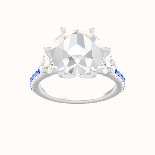 Cathedral Diamond Band with Round Sidestone Trio Engagement Ring With Petal Six Prong Head