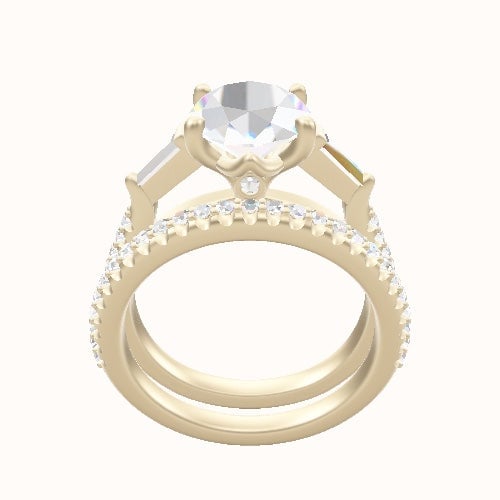 Cathedral Diamond Band with Tapered Baguette Sidestones Engagement Ring With Crown Four Prong w. Surprise Diamond Head and Matching Band