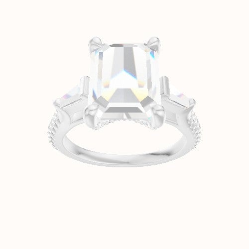 Cathedral Diamond Band with Tapered Baguette Sidestones Engagement Ring With Pave V Prong Head