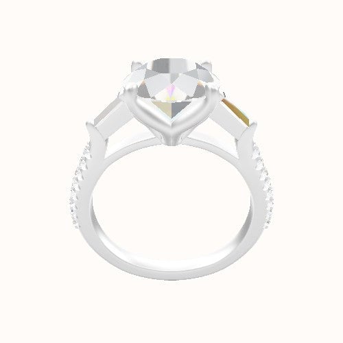 Cathedral Diamond Band with Tapered Baguette Sidestones Engagement Ring With Petal Four Prong Head