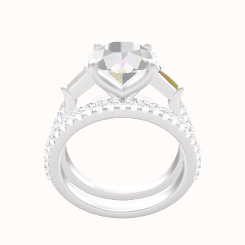 Cathedral Diamond Band with Tapered Baguette Sidestones Engagement Ring With Petal Four Prong Head and Matching Band