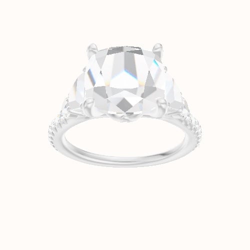 Cathedral Diamond Band with Trapezoid & Round Sidestones Engagement Ring With Crown Four Prong w. Surprise Diamond Head