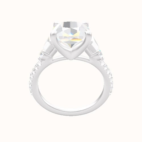 Cathedral Diamond Band with Trapezoid & Round Sidestones Engagement Ring With Four Prong Head