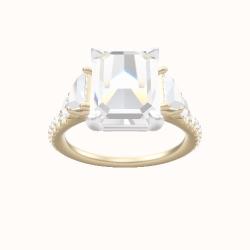 Cathedral Diamond Band with Trapezoid & Round Sidestones Engagement Ring With Low Set Four Prong Head