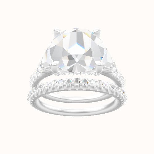 Cathedral Diamond Band with Trapezoid & Round Sidestones Engagement Ring With Pave V Prong Head and Matching Band