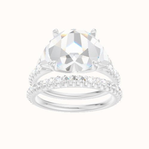 Cathedral Diamond Band with Trapezoid & Round Sidestones Engagement Ring With Petal Four Prong Head and Matching Band