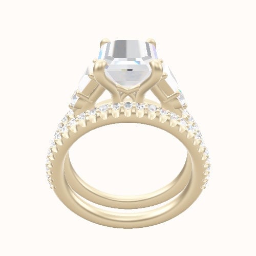 Cathedral Diamond Band with Trapezoid & Round Sidestones Engagement Ring With X Gallery Head and Matching Band