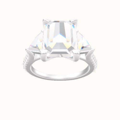 Cathedral Diamond Band with Trillion Sidestones Engagement Ring With Four Prong Head and Matching Band