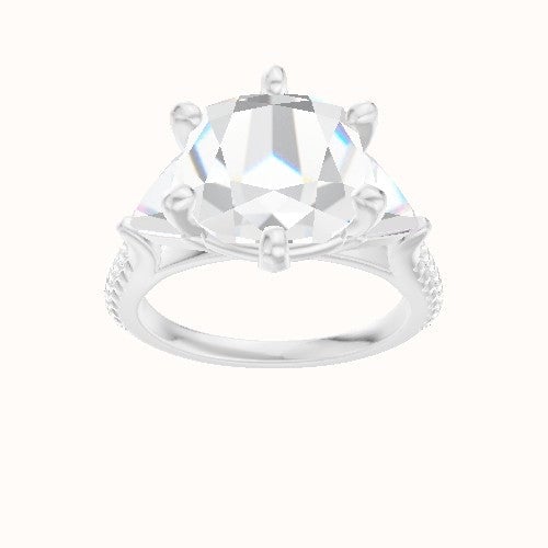 Cathedral Diamond Band with Trillion Sidestones Engagement Ring With High Set Six Prong Head and Matching Band