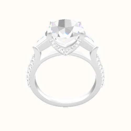 Cathedral Diamond Band with Trillion Sidestones Engagement Ring With Pave V Prong Head