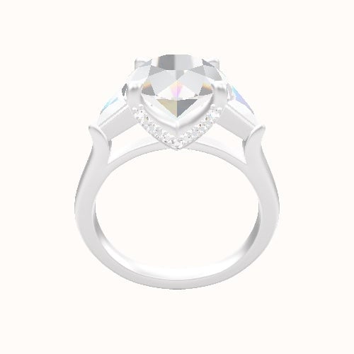 Cathedral Diamond Band with Trillion Sidestones Engagement Ring With Pave V Prong Head