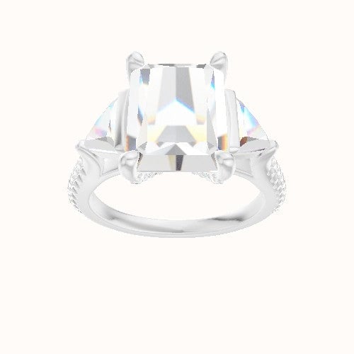 Cathedral Diamond Band with Trillion Sidestones Engagement Ring With Pave V Prong Head