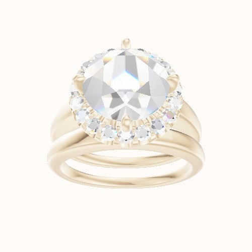 Cathedral Engagement Ring With Petal Prong Halo Head and Matching Band