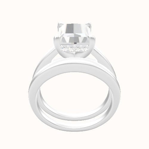 Cathedral Engagement Ring With V Prong with Hidden Halo Head and Matching Band