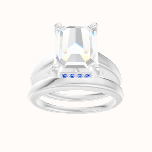 Cathedral Engagement Ring With V Prong with Hidden Halo Head and Matching Band