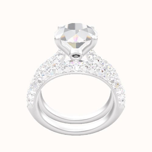 Cathedral Three Row Pave Engagement Ring With Accent Diamond Head and Matching Band