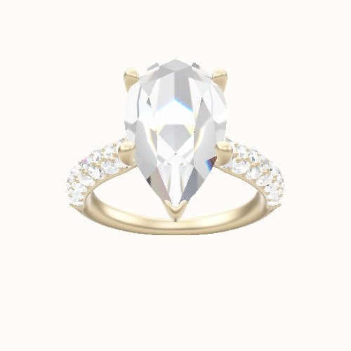 Cathedral Three Row Pave Engagement Ring With Crown Four Prong w. Surprise Diamond Head and Matching Band