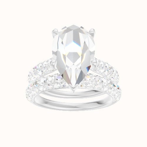 Cathedral Three Row Pave Engagement Ring With Crown Four Prong w. Surprise Diamond Head and Matching Band