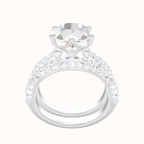 Cathedral Three Row Pave Engagement Ring With Crown Six Prong w. accent Diamond Head and Matching Band