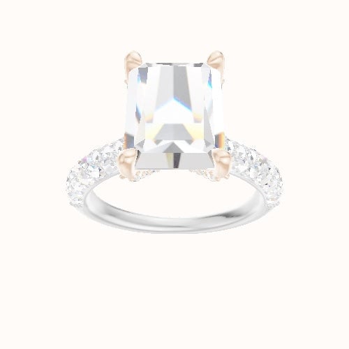 Cathedral Three Row Pave Engagement Ring With Double Pave V Prong Head