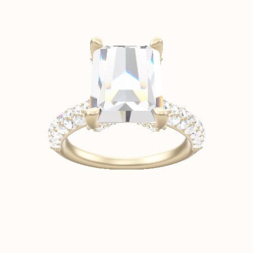 Cathedral Three Row Pave Engagement Ring With Double Pave V Prong Head