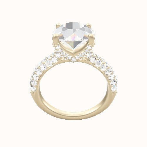 Cathedral Three Row Pave Engagement Ring With Double Pave V Prong Head