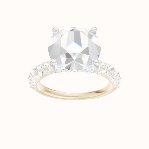 Cathedral Three Row Pave Engagement Ring With Double Pave V Prong Head