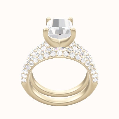 Cathedral Three Row Pave Engagement Ring With Four Prong Head and Matching Band