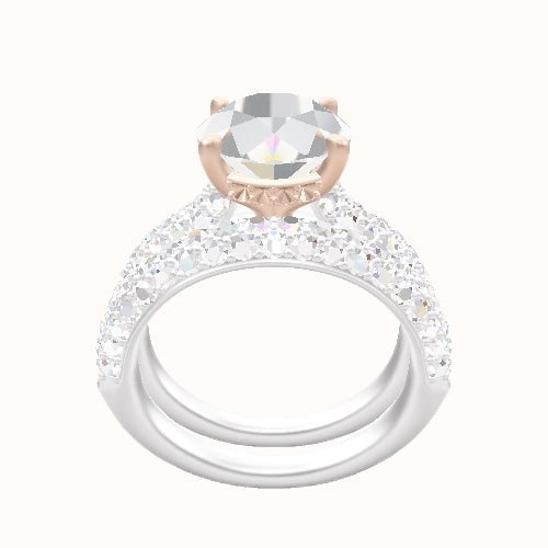 Cathedral Three Row Pave Engagement Ring With Front set gallery Head and Matching Band