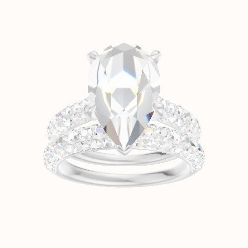 Cathedral Three Row Pave Engagement Ring With Front set gallery Head and Matching Band