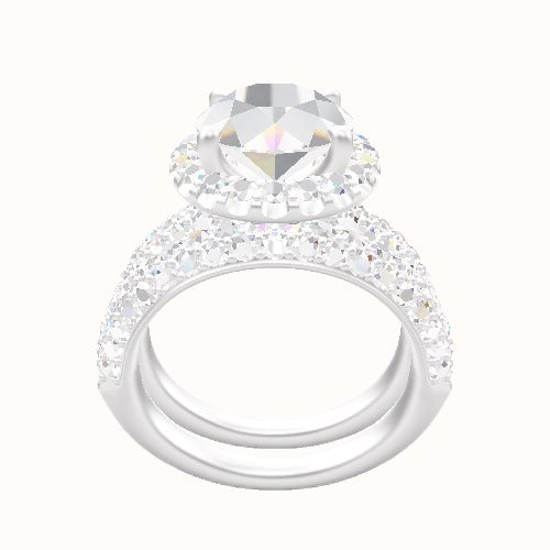 Cathedral Three Row Pave Engagement Ring With Halo Head and Matching Band