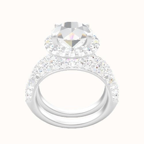 Cathedral Three Row Pave Engagement Ring With Halo Head and Matching Band