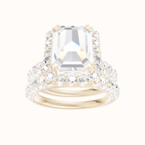 Cathedral Three Row Pave Engagement Ring With Halo with Double Prong Head and Matching Band