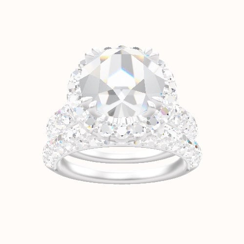 Cathedral Three Row Pave Engagement Ring With Halo with Double Prong Head and Matching Band