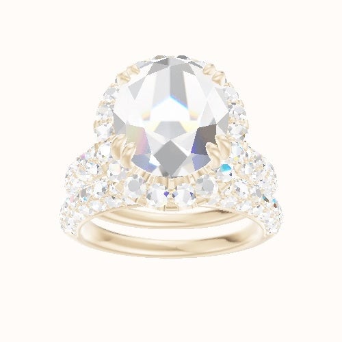 Cathedral Three Row Pave Engagement Ring With Halo with Double Prong Head and Matching Band