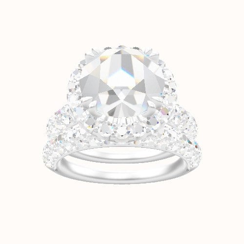 Cathedral Three Row Pave Engagement Ring With Halo with Double Prong Head and Matching Band