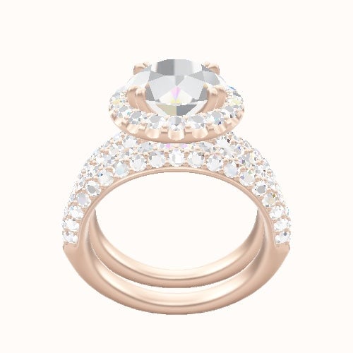 Cathedral Three Row Pave Engagement Ring With Halo with Double Prong Head and Matching Band