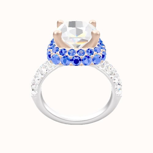 Cathedral Three Row Pave Engagement Ring With High Set Waterfall Halo Head