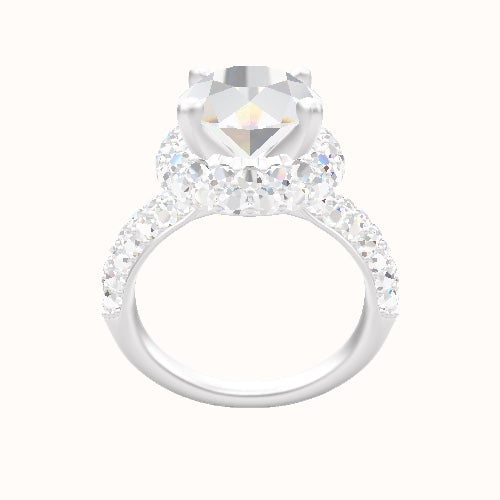 Cathedral Three Row Pave Engagement Ring With High Set Waterfall Halo Head