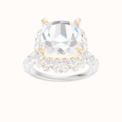 Cathedral Three Row Pave Engagement Ring With High Set Waterfall Halo Head