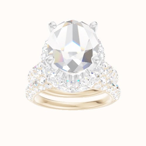 Cathedral Three Row Pave Engagement Ring With High Set Waterfall Halo Head and Matching Band