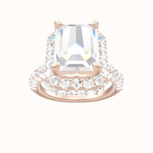 Cathedral Three Row Pave Engagement Ring With High Set Waterfall Halo Head and Matching Band