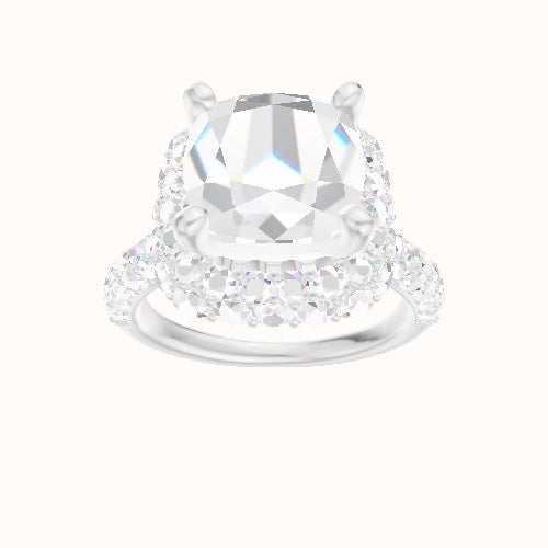 Cathedral Three Row Pave Engagement Ring With High Set Waterfall Halo Head and Matching Band