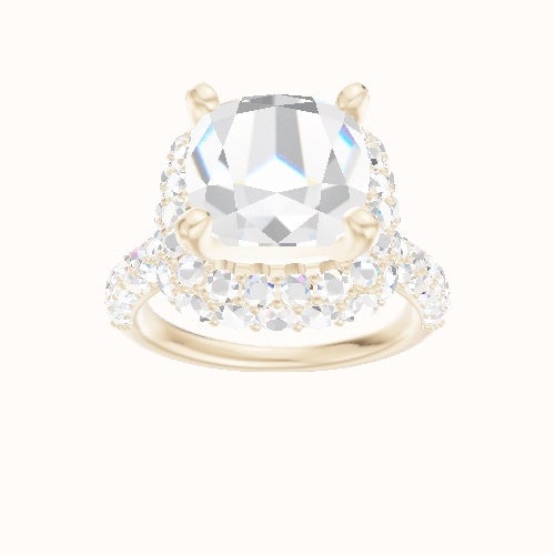 Cathedral Three Row Pave Engagement Ring With High Set Waterfall Halo Head and Matching Band