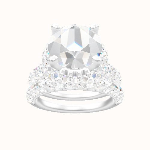 Cathedral Three Row Pave Engagement Ring With High Set Waterfall Halo Head and Matching Band