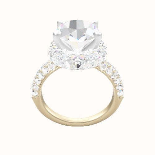 Cathedral Three Row Pave Engagement Ring With High Set Waterfall Halo Head