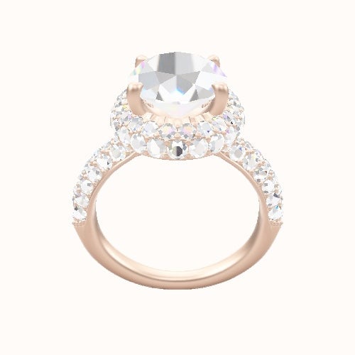 Cathedral Three Row Pave Engagement Ring With Low Set Waterfall Halo Head