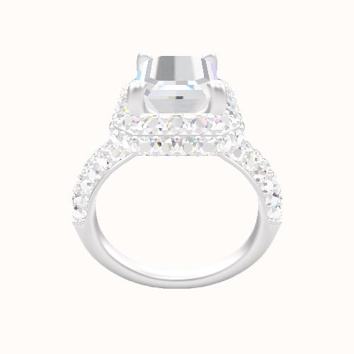 Cathedral Three Row Pave Engagement Ring With Low Set Waterfall Halo Head