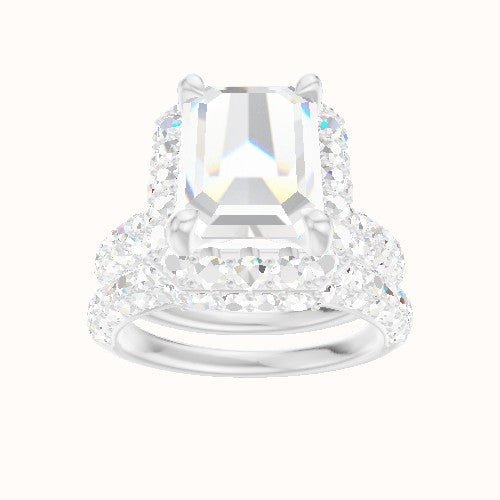 Cathedral Three Row Pave Engagement Ring With Low Set Waterfall Halo Head and Matching Band