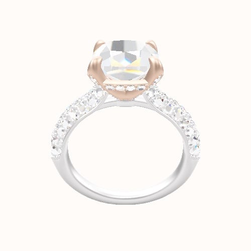 Cathedral Three Row Pave Engagement Ring With Pave Basket Head